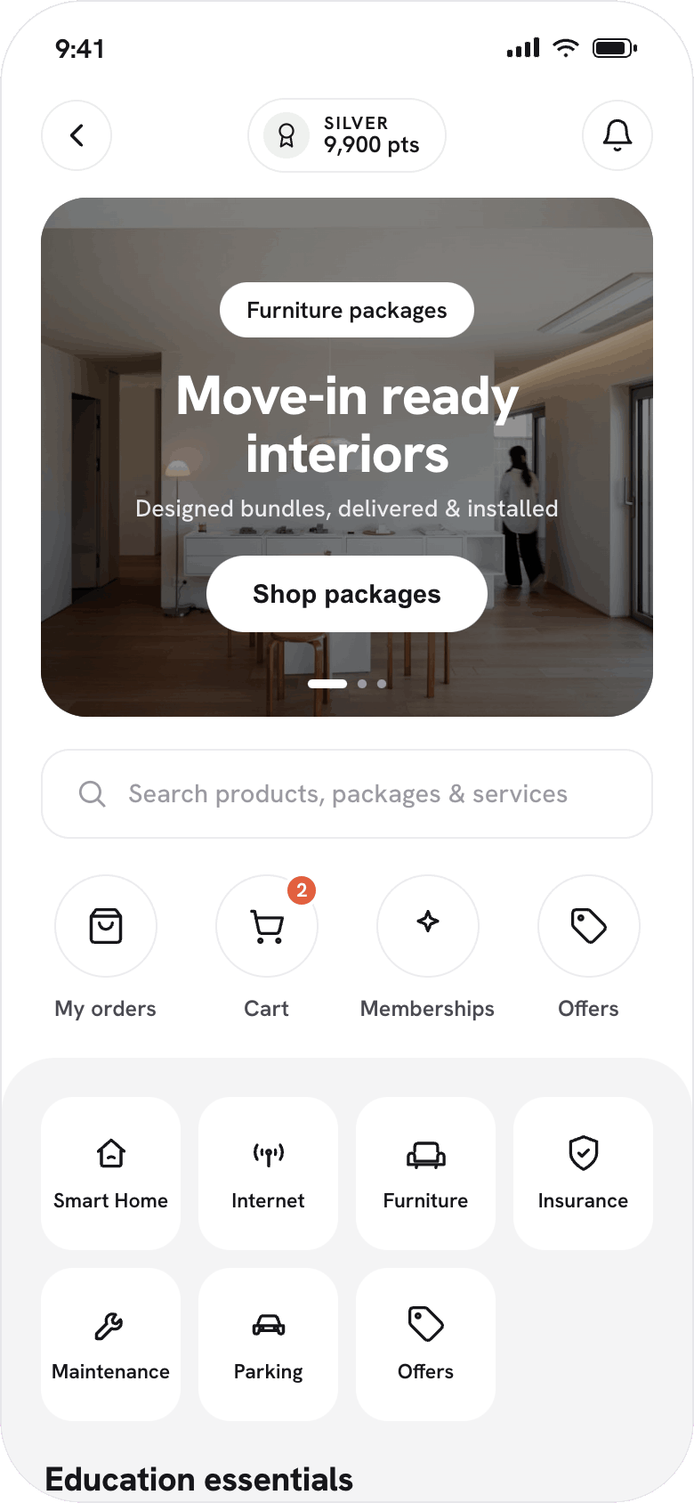 Resident app home, furniture packages and services